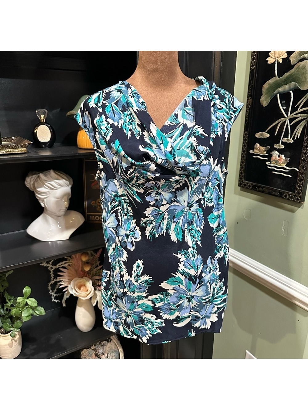 St. John Silk Floral Cowl‑Neck Blouse Size 8